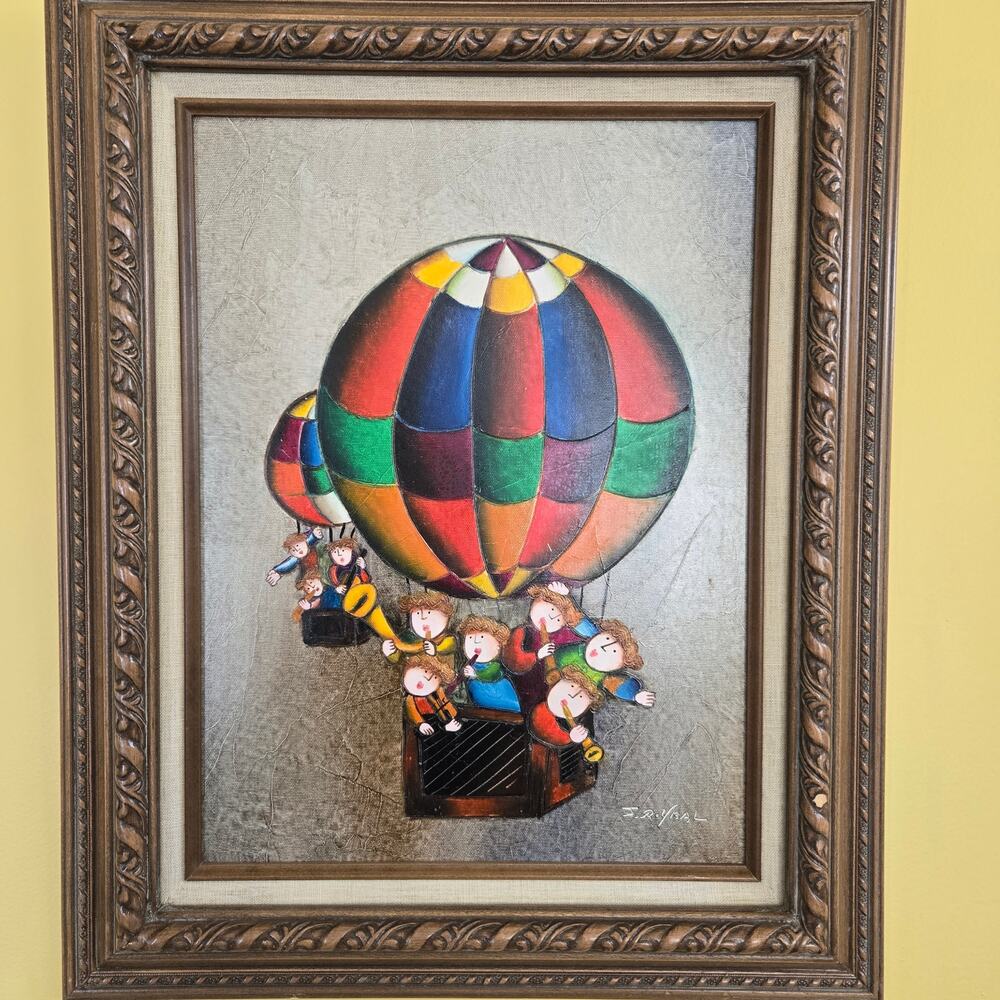 Vtg Joyce Roybal Art Children Playing Instruments Hot Air Balloons Signed *read*